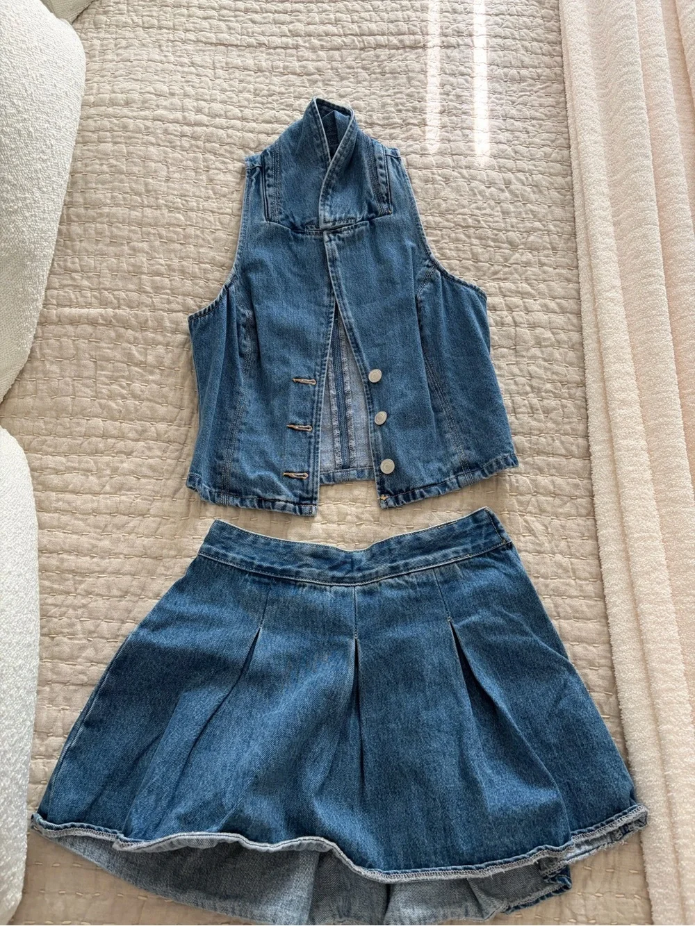 Meshki Light Blue Denim Vest & Pleated Skirt Set